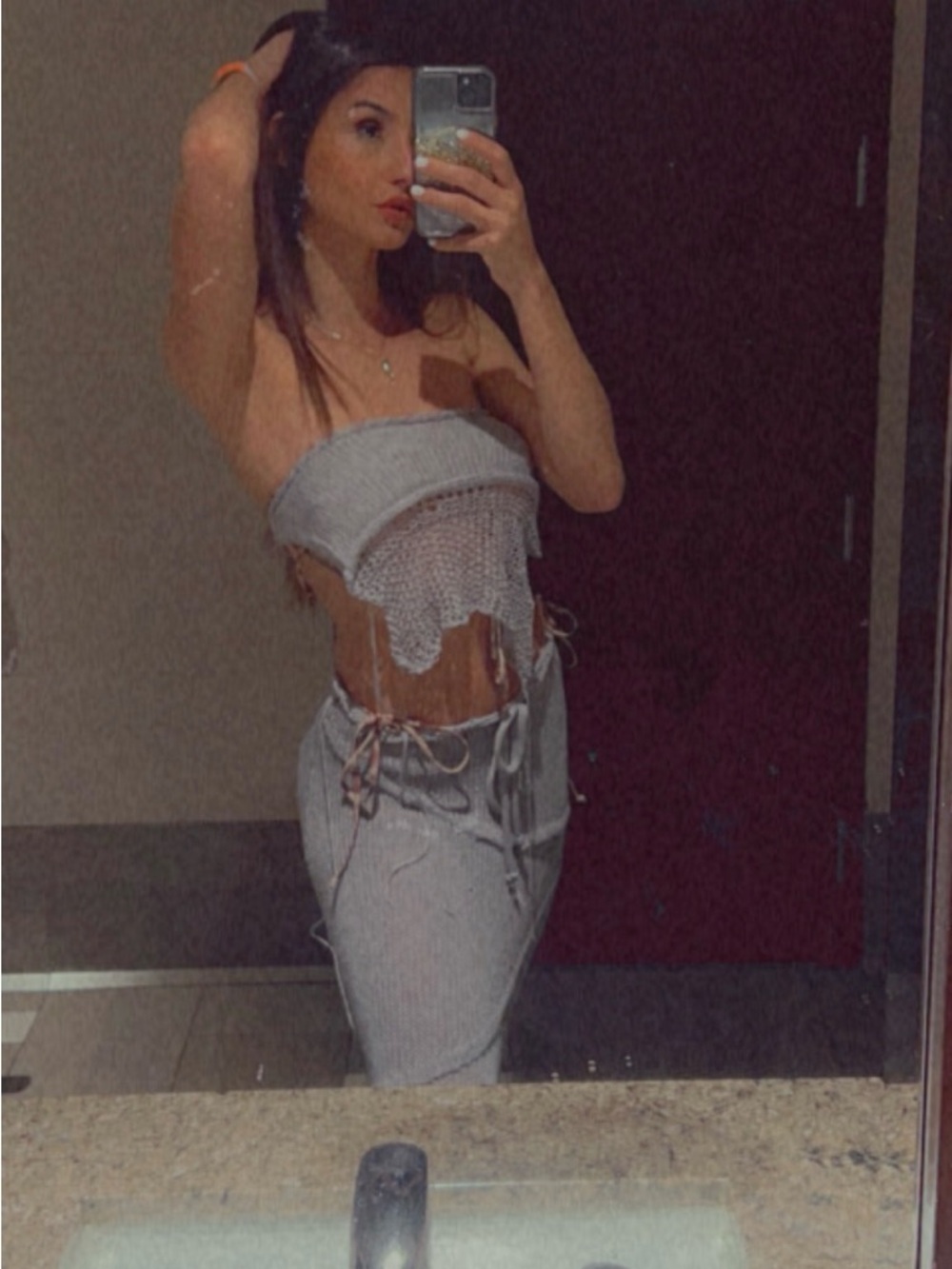 Light Gray Knit Two-Piece Set - Strapless Crop Top & Skirt